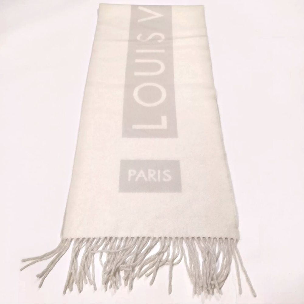 Auth Louis Vuitton Neutrals White / Ivory Gray / Beige Cashmere Baroda Scarf